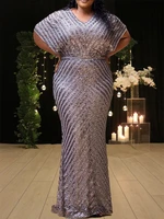 luxury evening dresses 2022 glitter bodycon v neck short sleeve striped shiny sequins elegant long mermaid robe femme 5xl