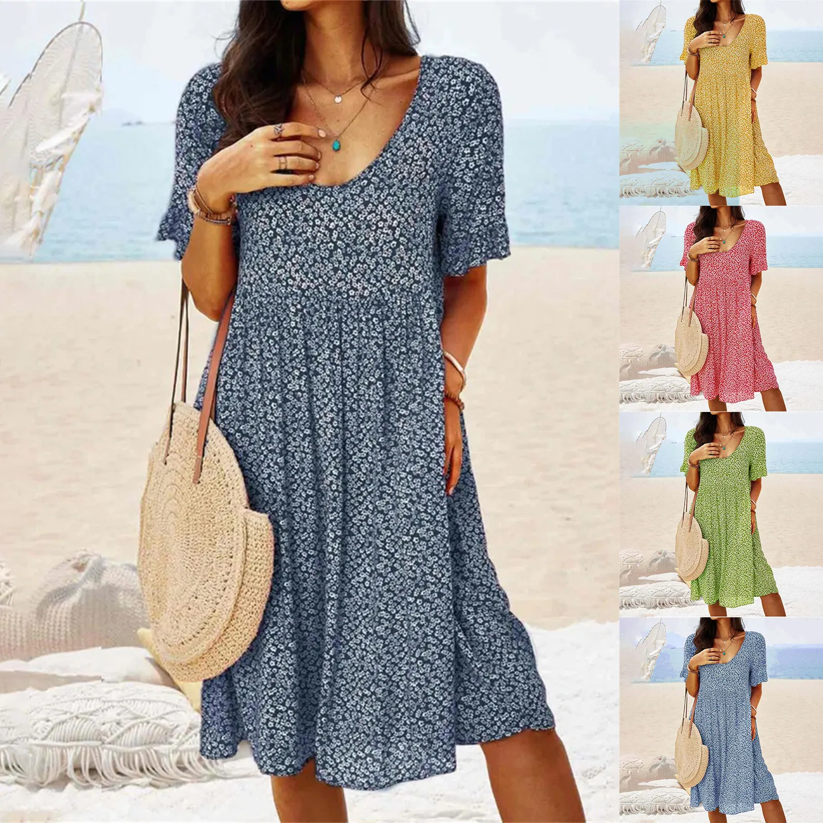 

Женское свободное платье с круглым вырезом, повседневное однотонное пляжное платье без рукавов с принтом и лямкой на шее, лето