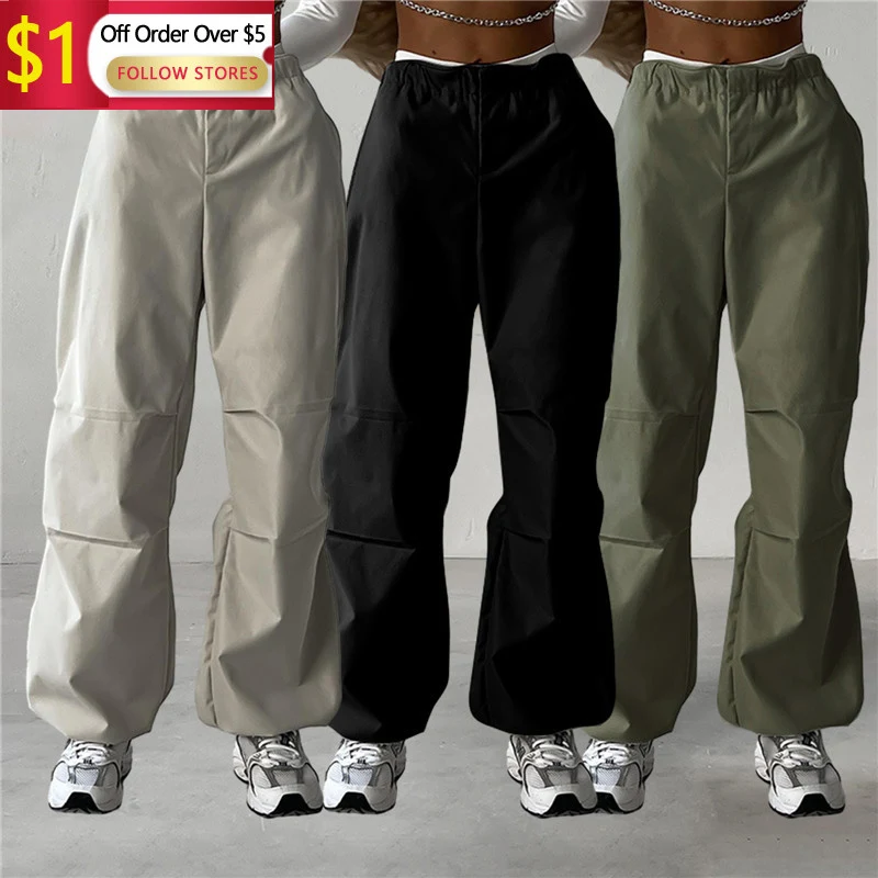 

Casual Cargo Pants Women Streetwear Drawstring Loose Wide Leg Straight Trousers Fashion Lady Oversize Sweatpants