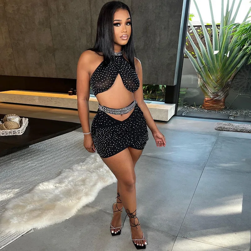 

Akaily Sexy 2 Two Piece Sets Women Skirts Backless Hollow Out Diamond Crop Top Mini Black Skirts Suits Black Matching Dress Sets