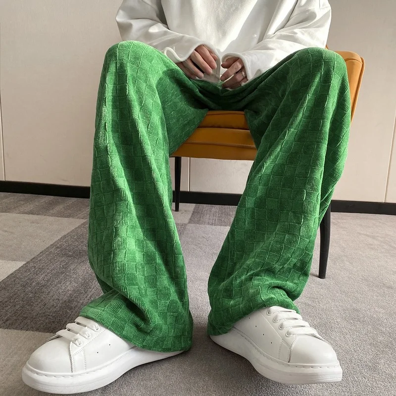 Men Clothing 2022 Green Retro Checkerboard Grid Pants High Street Tide Wide-leg Pants Male Straight Loose Casual Pants