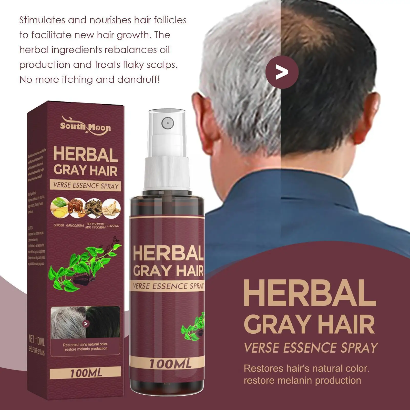 

100ml Herbal White To Black Black Hair Serum Hair Darkening Gray Anti Reduce Hair White Spray Scalp Hair Care Nourish Hair I3Q6