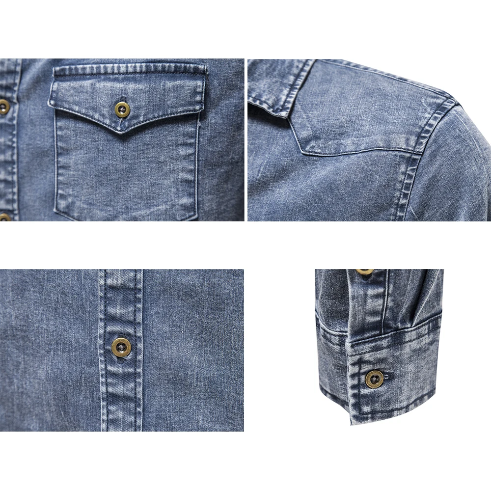 EUOW Autumn Winter Fashion Cotton Long Sleeve High Quality Heavy Industry Washed Denim Shirts Men Casual Coat Streetwear Pocket