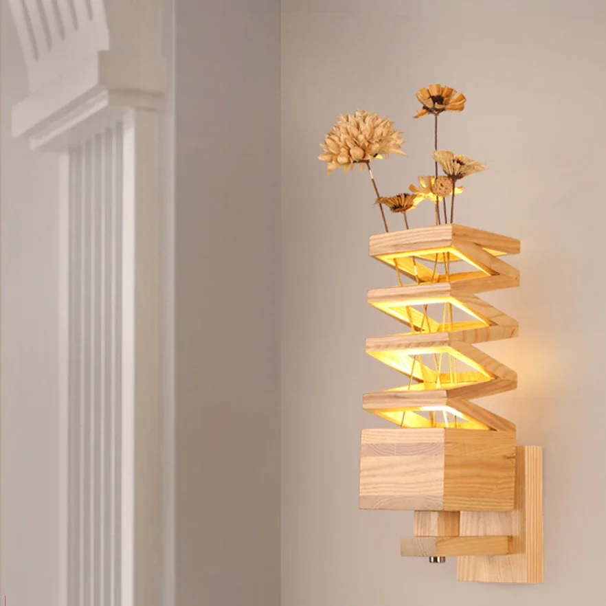 Скандинавский китайский деревянный светодиодный настенный светильник