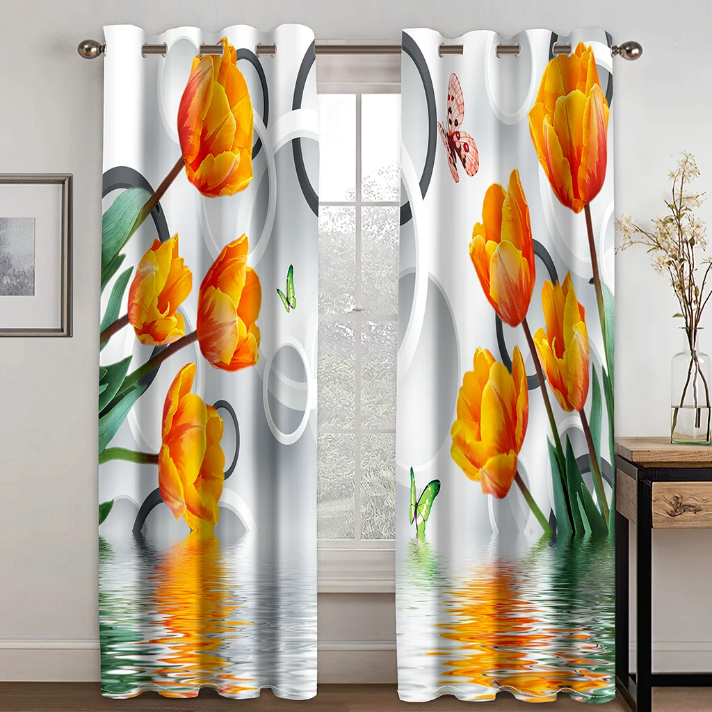 

3D Printed Spring Butterflies Yellow Tulips Curtain Set, Suitable for Sitting Room Curtains In The Living Room and Bedroom