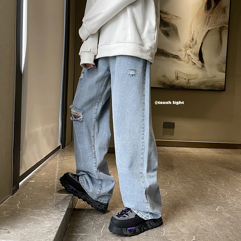 Fashion Trend Men Denim Pant Stretch Plus Size High Street Biker Jeans Destroyed Ripped Design Hole Straight Jeans for Men