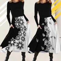 dresses women fashion flower pattern women dress elegant party dress long sleeve casual plus size print black
