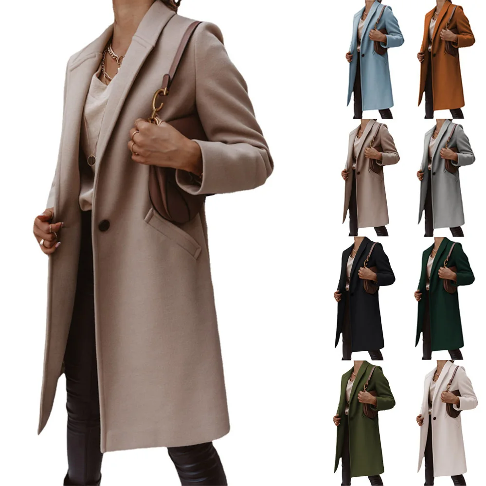 

2022 Autumn Winter Solid Color Lapel Mid-length Button Woolen Coat Women's Coat Korean New Coat