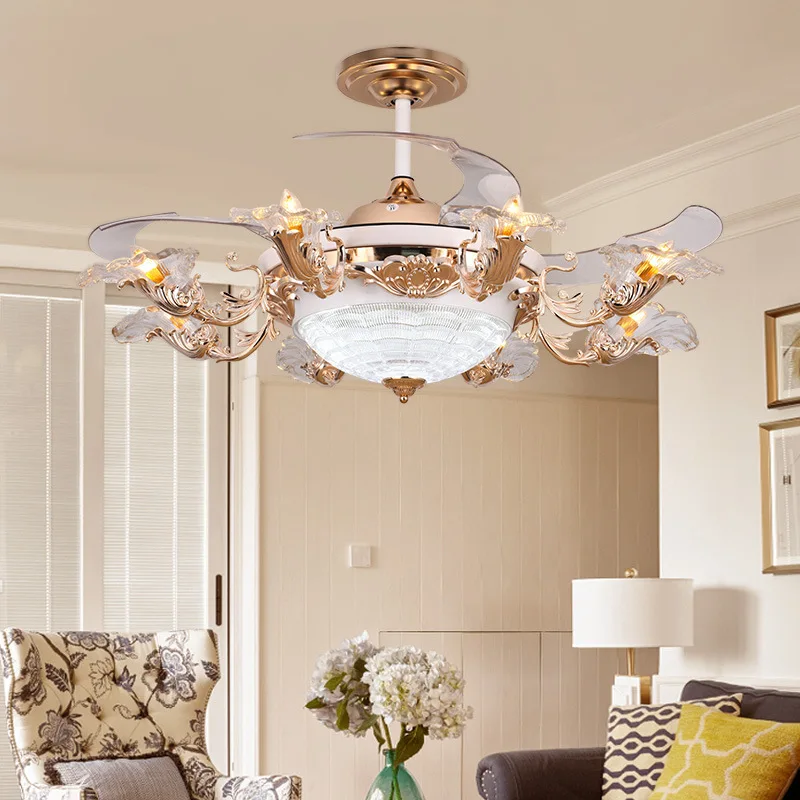 

Pendant Lights Led Ceiling Fan Lamp Art Chandelier European luxury invisible remote control electric European tracing living