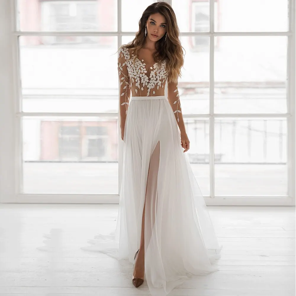 

V-Neck Wedding Dress 2022 Side Slit Long Sleeve Illusion Button Back Tulle A-Line Appliques Sweep Train Bridal Gowns