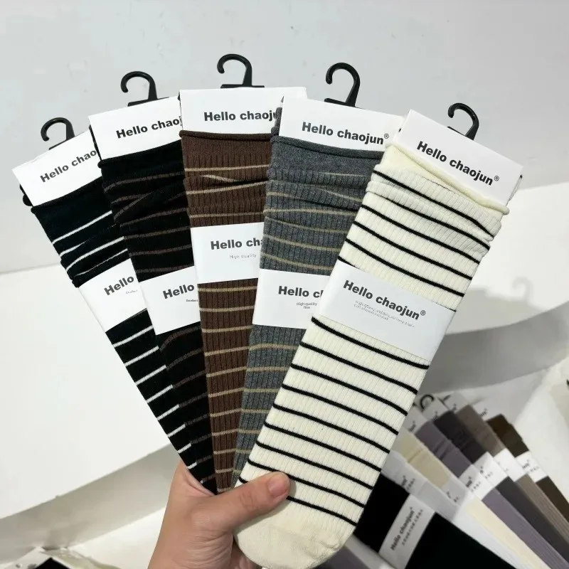 Носки ZhuJi деловые ультратонкие 6605 осенние женские носки с ворсом полосатые