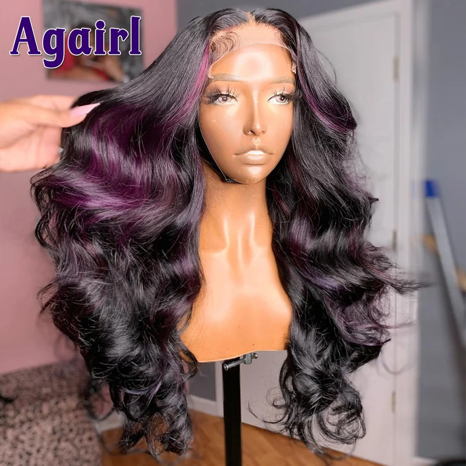 30 32 Inch Highlight Purple Black Colored Human Hair Lace Frontal Wig 13X6 13X4 Body Wave Wigs fro Women Transparent Closure Wig