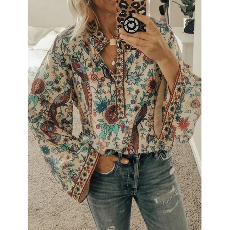 2023 New Spring Printed Women's Shirt Long Sleeve Stand Collar Flare Casual Blouse Female Summer Elegant Fashion Ladies Top