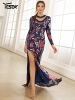 Yesexy New Dress Women 2022 Contrast Sequin Floral Pattern Tie Backless Split Thigh Maxi Formal Dress Evening Dresses