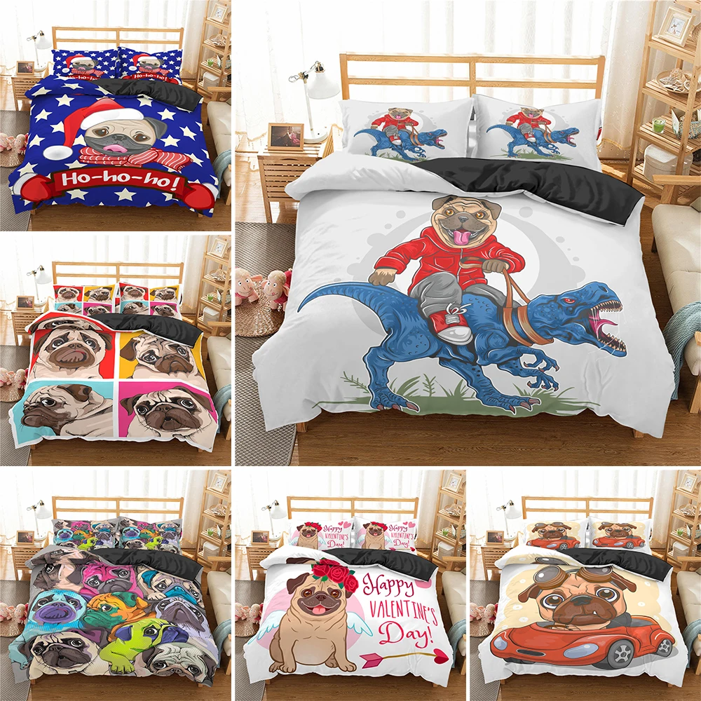 

Creative Cartoon Pug Polyester Comforter Cover Queen King Size Cute Animal Puppy Bedding Set For Kids Bedroom Quilt Cover 2/3Pcs