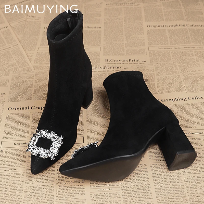 Замшевые женские ботильоны с кристаллами пикантные туфли на высоком каблуке