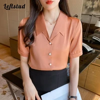 solid basic short sleeve chiffon womens blouse shirt 2022 summer turn down collar single breasted korean fashion blouses top
