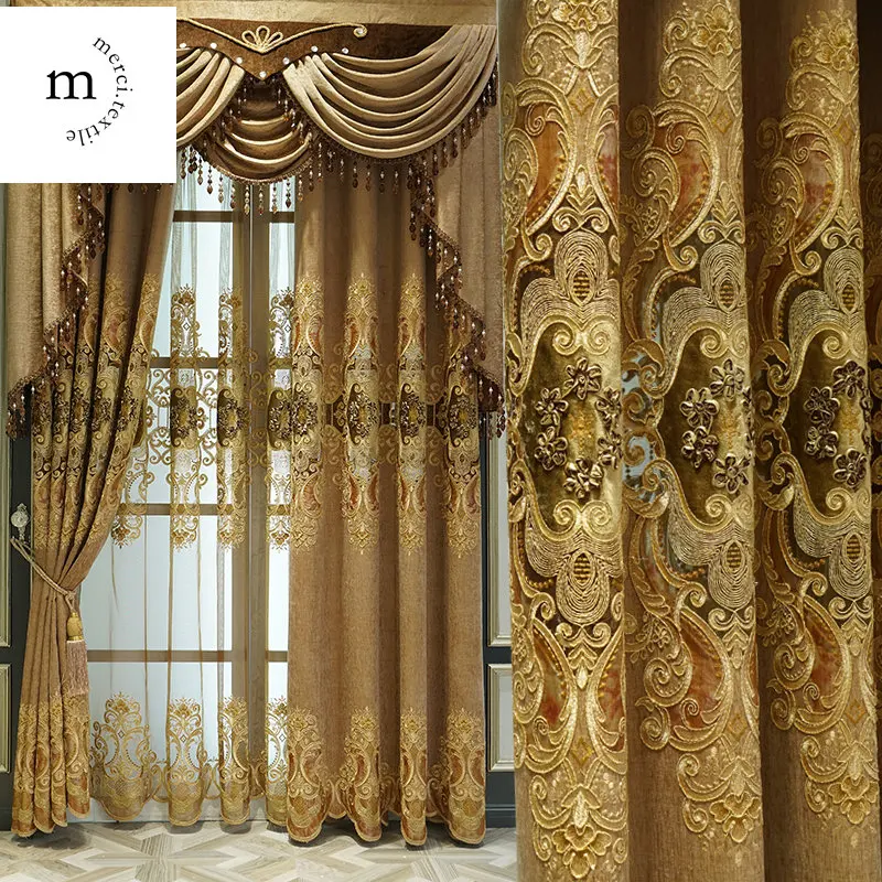 

European Style Embroidered Gold Curtains for Living Room Bedroom Dining Villa Chenille Luxury Valance Window Drapes Custom Size