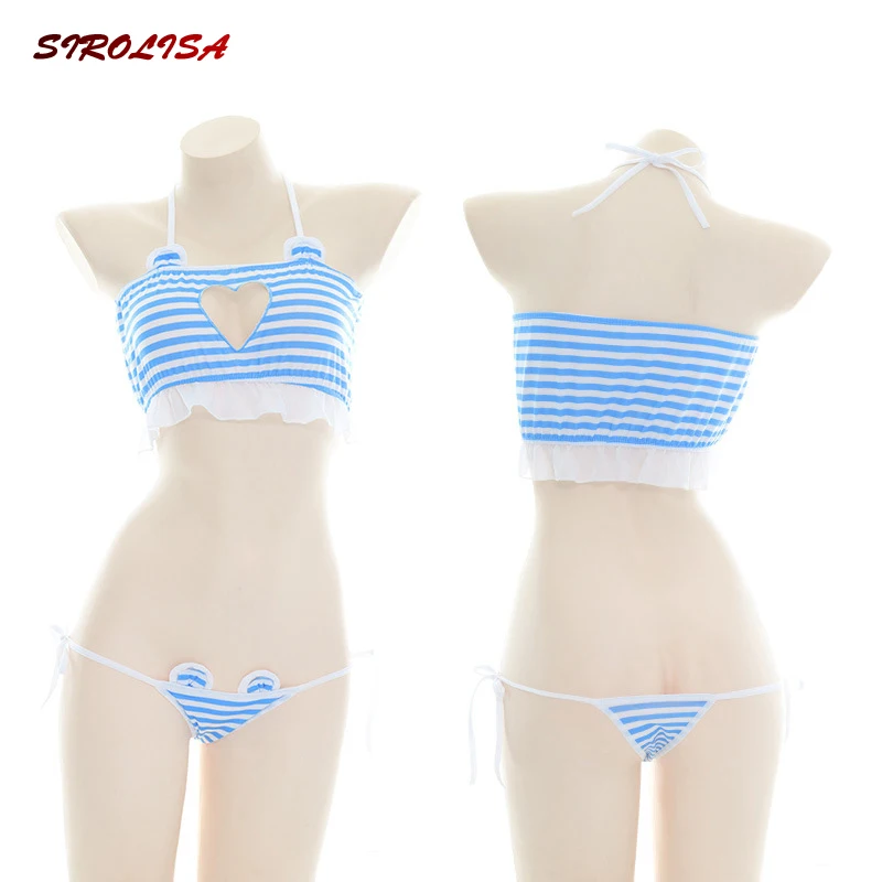 

White Blue Striped Mini Bikini Kawaii Lace Underwear Costumes Sexy Lingerie Cotton Bra and Panties Set Erotic Cosplay 2022 New