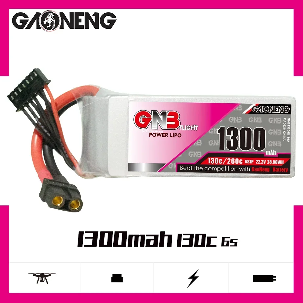 

GAONENG GNB 1300mAh 6S1P 22.2V 130C/260C Lipo Battery With XT60 Plug For FPV Racing Drone Quadcopter Helicopter Parts