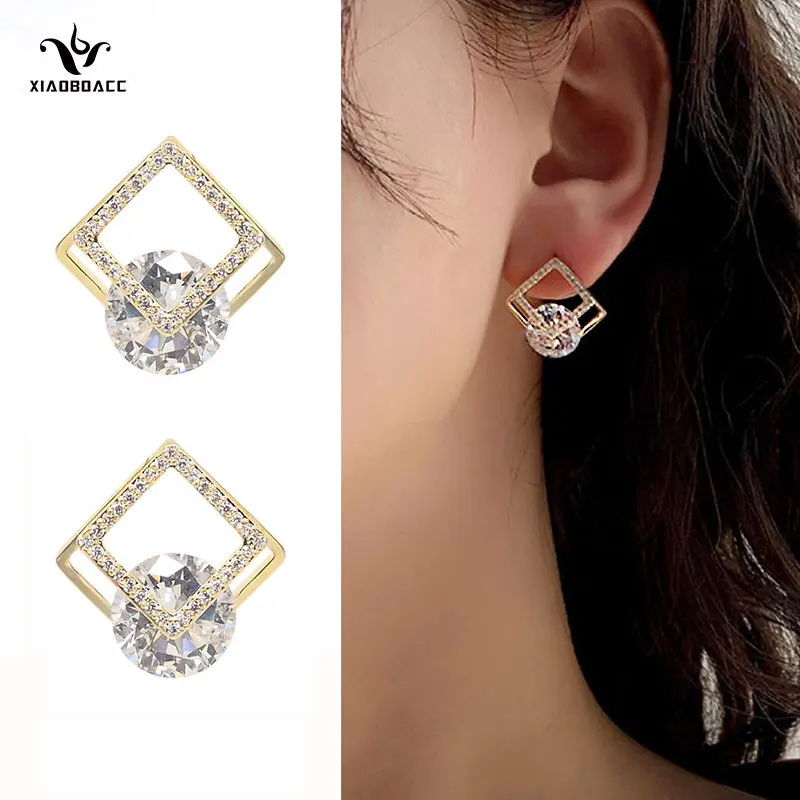 

XiaoboACC 925 Silver Needle Square Zircon Earrings for Women Fashion Geometric Exquisite Stud Earrings Jewelry