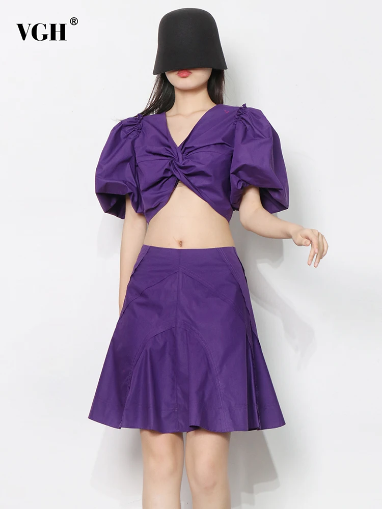 

VGH Solid Two Piece Sets For Women V Neck Short Sleeve Tops High Waist Mini Skirts Sexy Casual Set Female Summer Fashion Style
