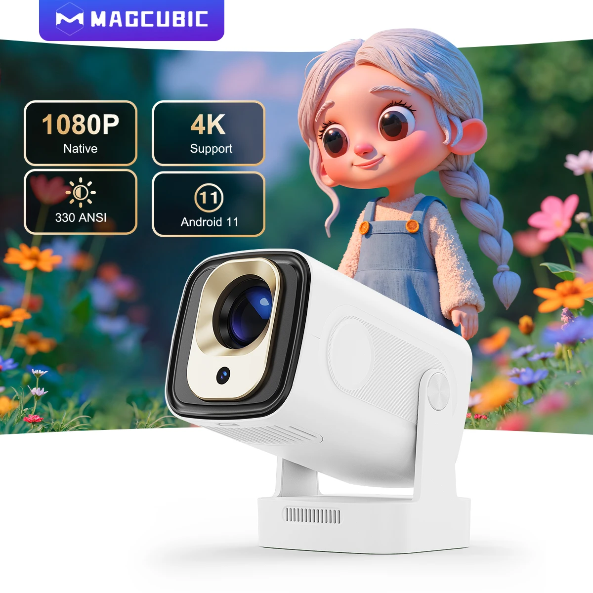Magcubic HY310 330ANSI 1080P Auto Focus 4K, 5W Speaker Mini Projector, Android 11 Air Mouse Voice Remote Upgraded HY300