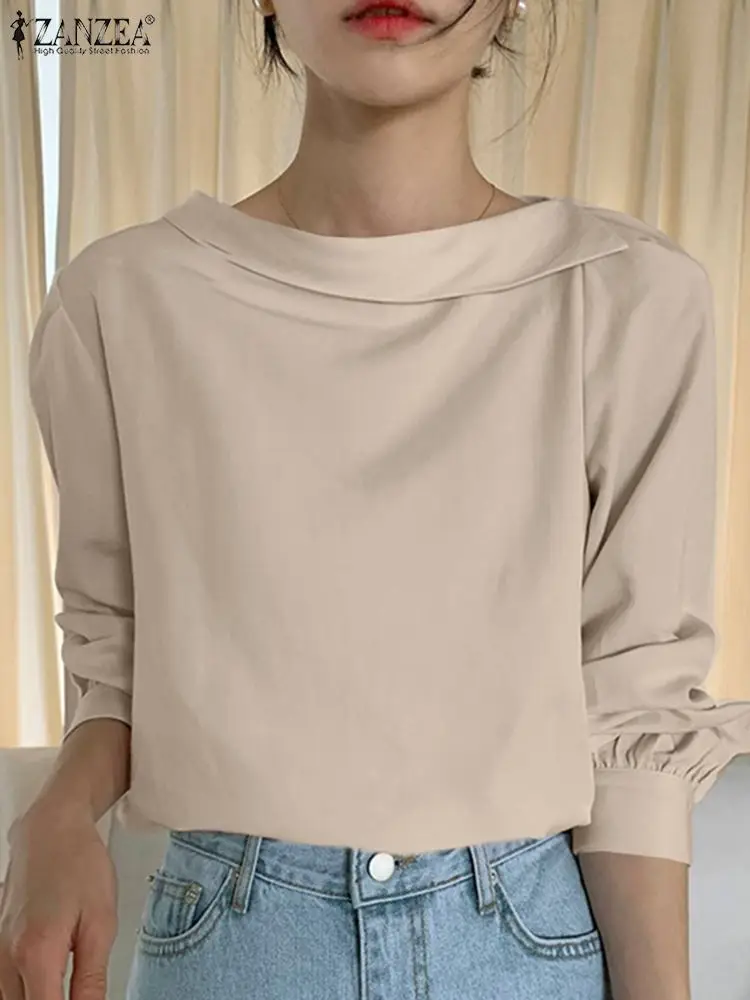 

2022 Elegant Casual Chemise Spring Long Sleeve O-Neck Solid Color Blouse ZANZEA Women Korean Style Femininas Blusas Oversized