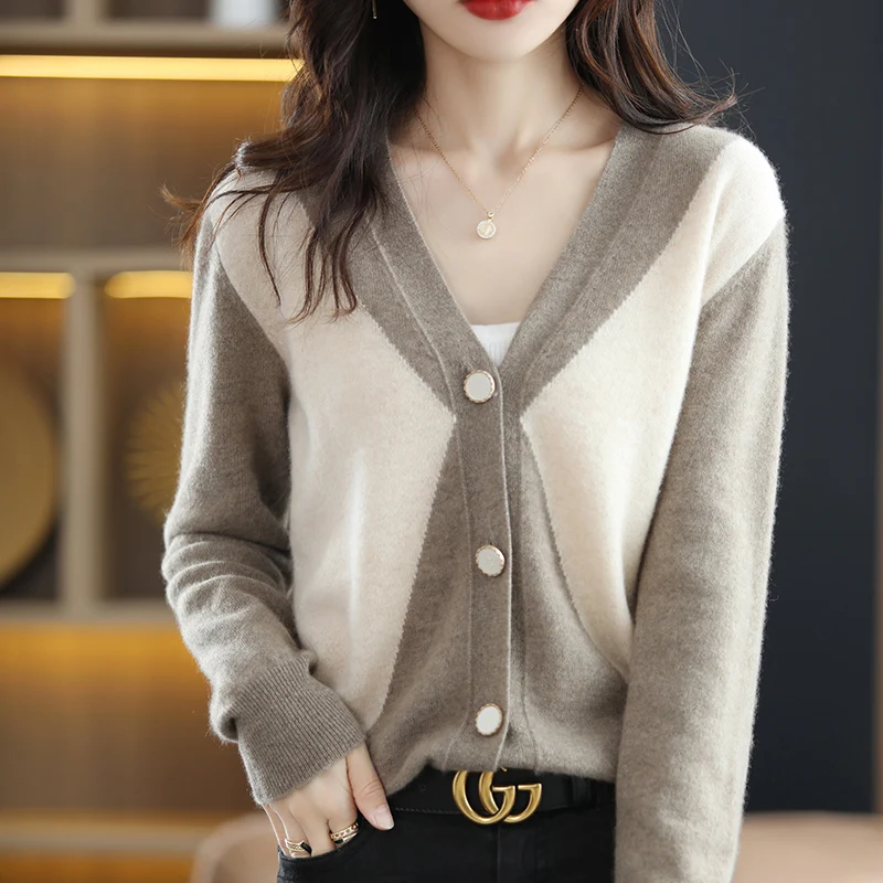 

100% Pure Wool Sweater Autumn/Winter Women's V-Neck Cardigan Casual Knitted Tops Korean Fashion Patchwork Color Female Jacket