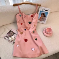 heart print a line mini vestidos women summer dresses ladies 2022 sexy sleeveless pink bodycon spaghetti strap dress y2k kawaii