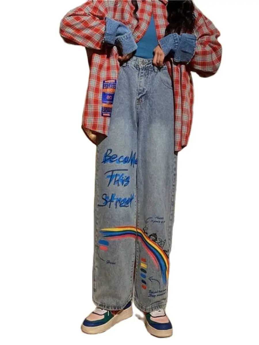 Модные радужные джинсы для девушек Ulzzang прямые брюки с широкими штанинами в стиле