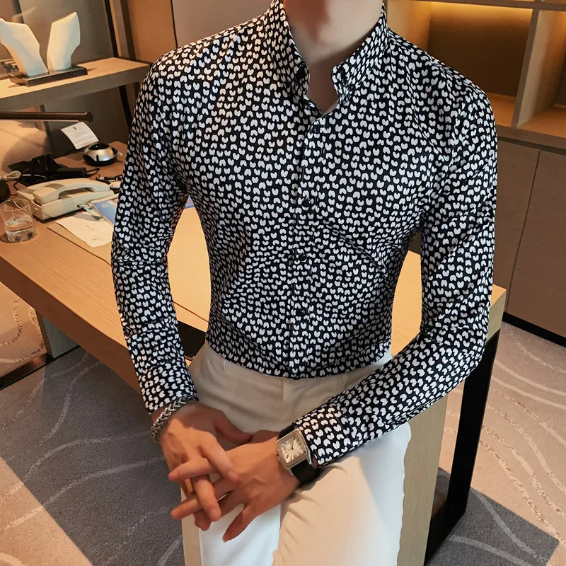 2022 Autumn Print Shirts for Men Long Sleeve Casual Slim Business Formal Dress Shirt High Quality Men Clothing Streetwear Blouse