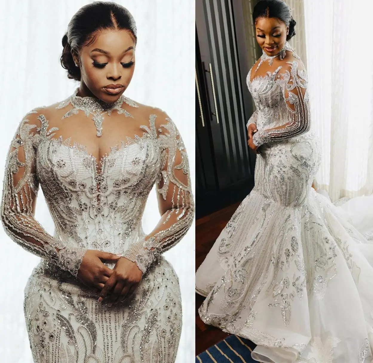 

Mermaid Luxurious Sparkly Wedding Dress Plus Size Arabic Aso Ebi Sheer Neck Lace applique illusion long sleeve Bridal Gowns 2023