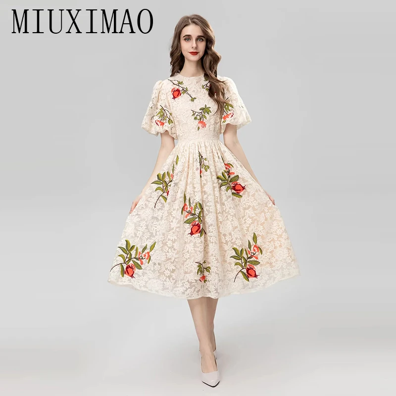 MIUXIMAO 2023 High Quality Spring&Summer Elegant Dress Short Sleeve  Lace Print Embroidery Fashion Long Dress Women Vestides