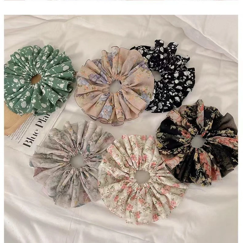

New Fashion Oversized Printed Hair Ties Elegant Satin Hair Scrunchies Floral Elastic Hair Rope Hair Ring Women Headwear