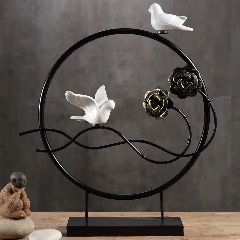 

New Chinese Wrought Iron Bird Flowers Ornaments Livingroom Home Figurines Decoration Hotel TV Cabinet Statue Furnishing Crafts