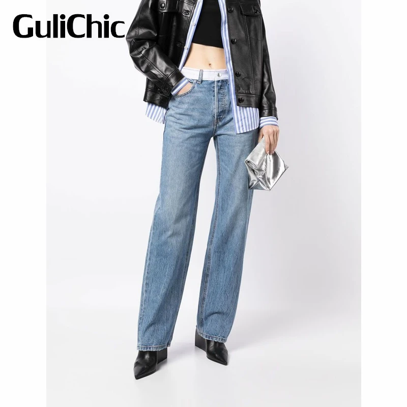 10.13 GuliChic Women Street Fashion Cotton Patchwork Contrast Color Letter Print Straight Jeans