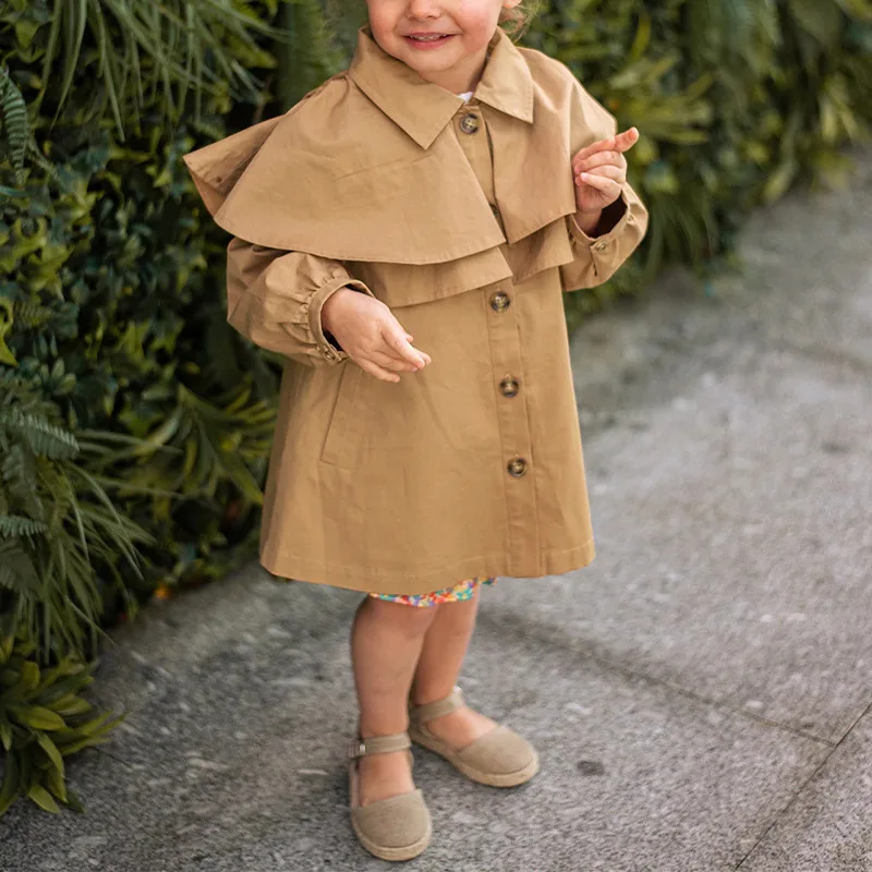 

Casual Autumn Baby Girls Coats Brown Windbreak Single Breasted Cloaks Trenchs Turndown Collar Toddler Cardigans Kids Outwears