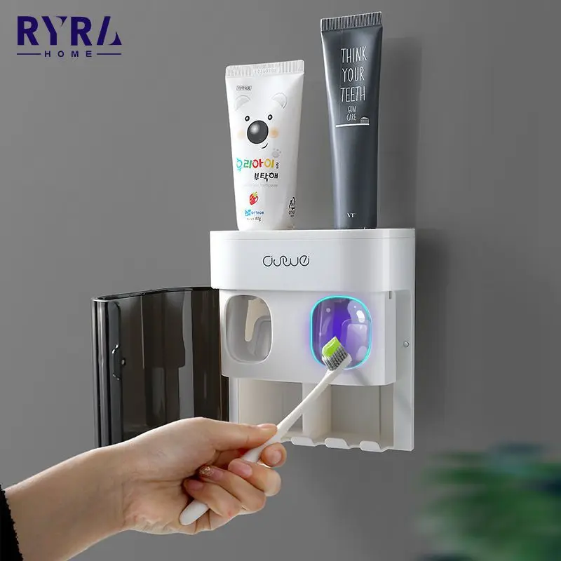 

Wall Mounted Toothbrush Holder Automatic Toothpaste Dispenser Dustproof Cover Organizers Toothpaste Shelf For Shower Bathroom