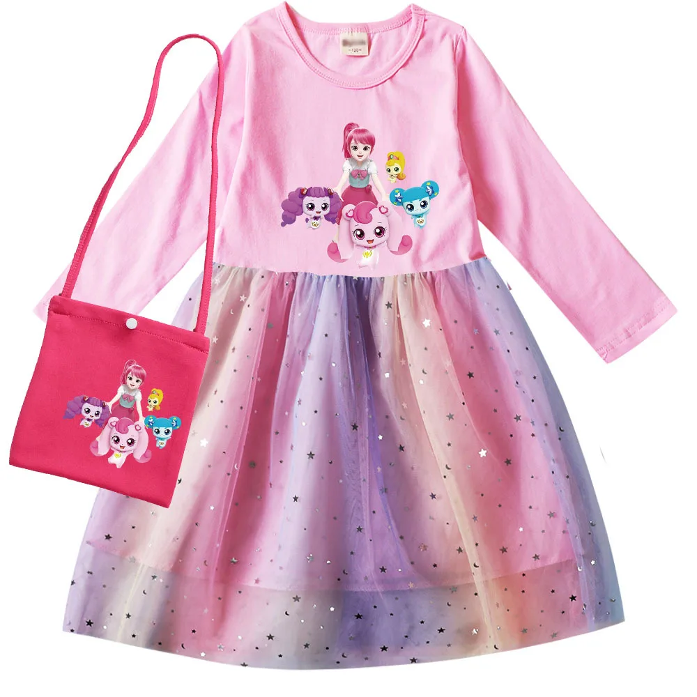 

New Anime Catch Teenieping Costume Baby Girls Casual Dresses Kids Carnival Halloween Cosplay Children Long Sleeve Dress with Bag