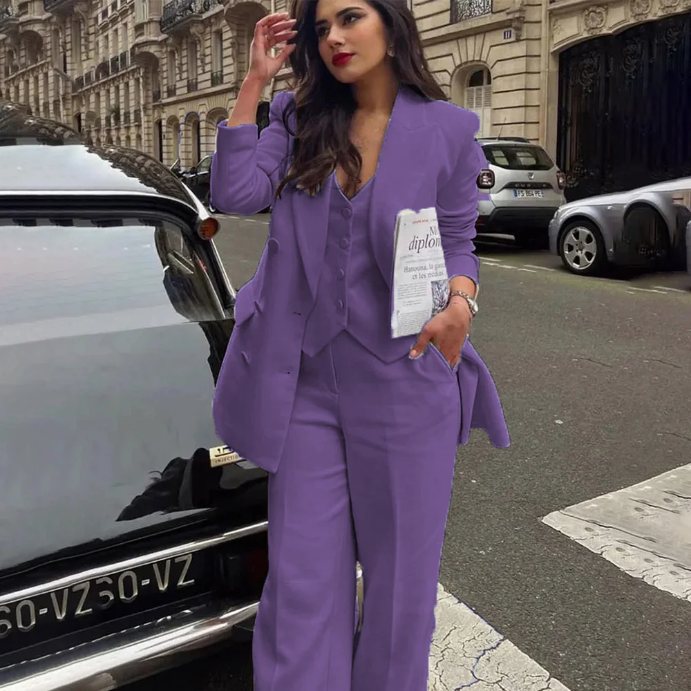 Women's Suit 2023 Spring New Fashion Three-Piece Double Breasted Solid Color Elegant Office Ladies Blazer Female Casual Pantsuit