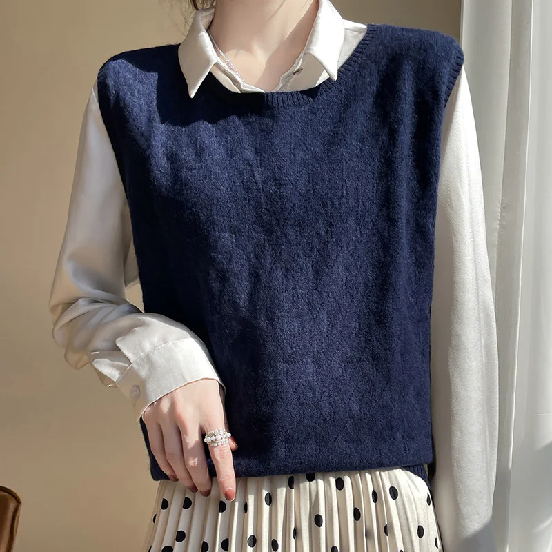 Качественный кашемировый жилет из чистой шерсти Женский Свободный с круглым