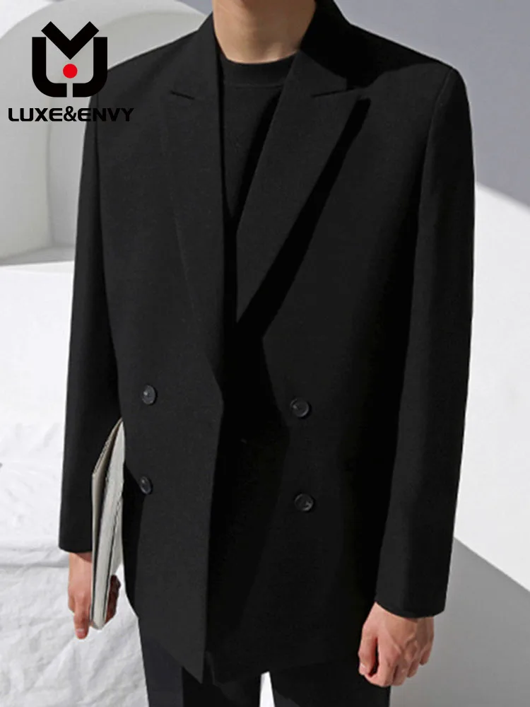 

Мужской двубортный костюм люкс & ENVY, однотонная Повседневная Свободная куртка с отложным воротником и длинными рукавами в Корейском стиле, осень