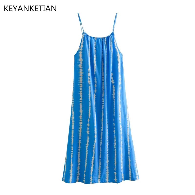 

KEYANKETIAN Summer New Blue Tie-Dye Print Loose Backless Suspender Dress Women Casual Sleeveless A-Line Ankle-Length Skirt