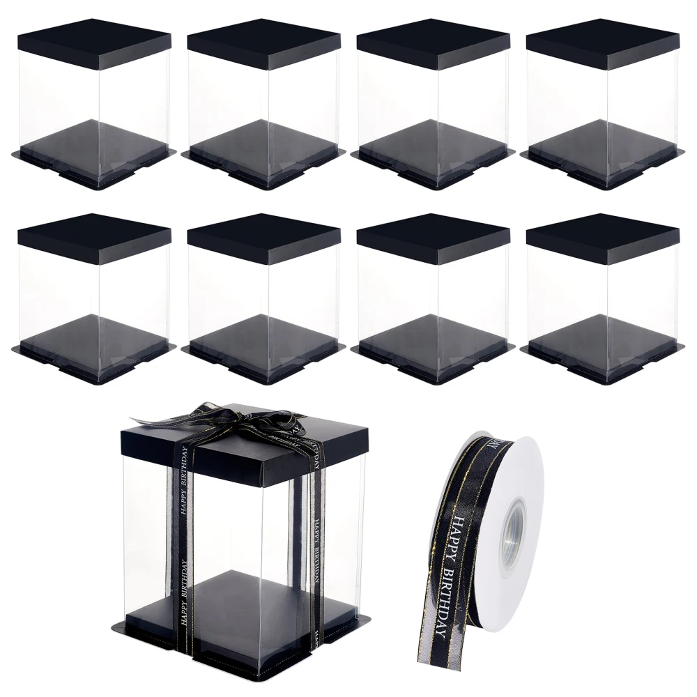 

9Pcs Transparent Cardboard Boxes with Polyester Ribbon for DIY Cake Packaging Box Birthday Wedding Party Jewelry Display Decor