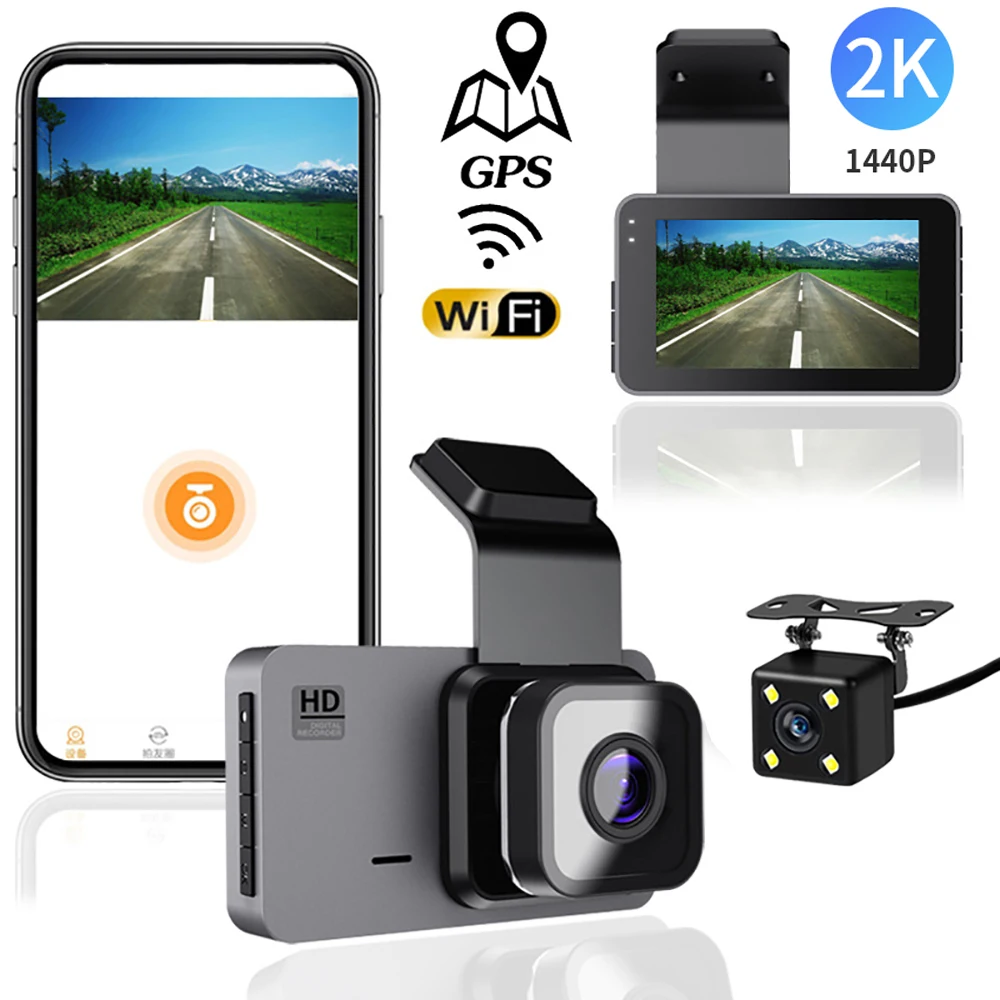 

Видеорегистратор автомобильный с двумя объективами, 2K, 1440P, GPS, Wi-Fi