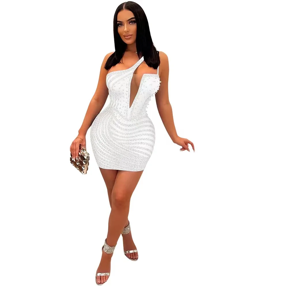 Women Sexy Sequins Evening Dress Hollow Out One Shoulder Sleeveless Backless Mini Dress Fashion Bodycon Party Club Dresses