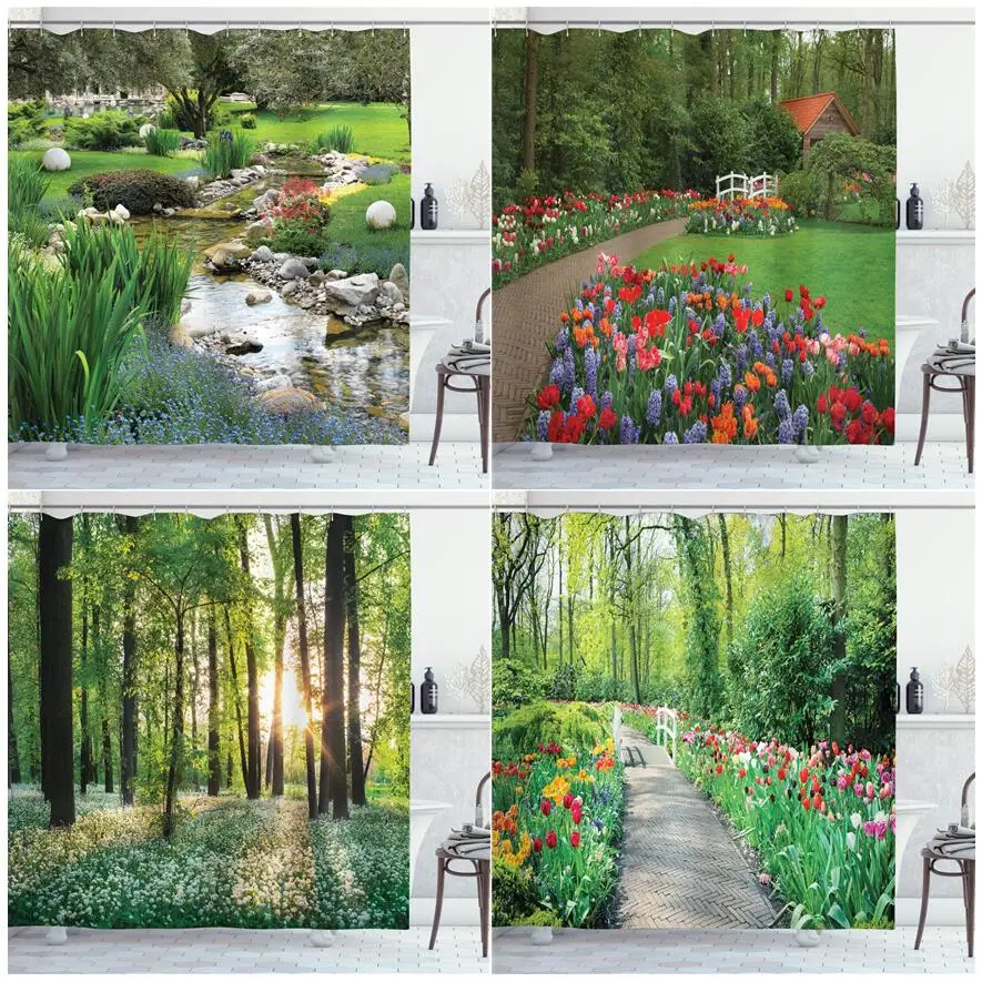 

Garden Landscape Shower Curtain Forest Nature Flowers Plants Rural Park Scenery Bath Curtains Modern Printed Bathroom Decor Sets