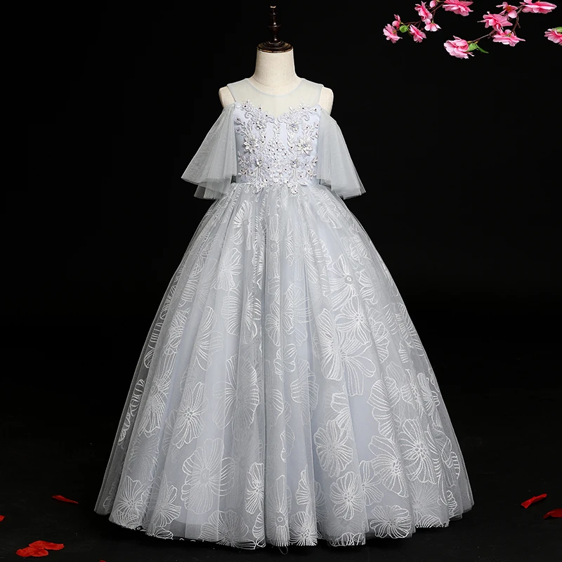 Вечернее платье с круглым вырезом и коротким рукавом, бальное платье на молнии с аппликацией сзади, плиссированное Тюлевое платье до пола, новинка, вечерние платья для девочек с цветами, B1831