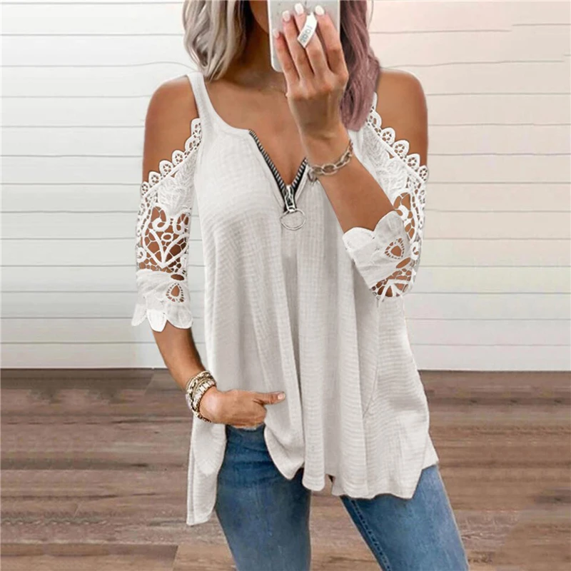 

Hollow Out T-shirts Summer T Shirt Women Zipper V-Neck Lace Sleeves Knitted T-shirt Solid Color Sexy Lady Tops New Tees